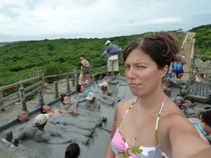 The author uncertain about a volcano mud bath in Colombia.